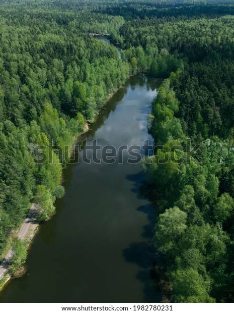 View of the river in the forest\
from above. Beautiful panoramic view of the wildlife. Shooting from\
a drone. Design of wallpapers, screensavers,\
covers.