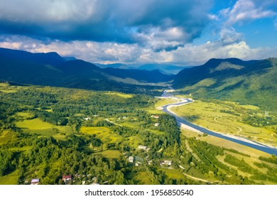 View Of The River And Forest From A Drone In Summer