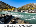 View of river Katun and Altay mountains in the autumn, Siberia, Russia