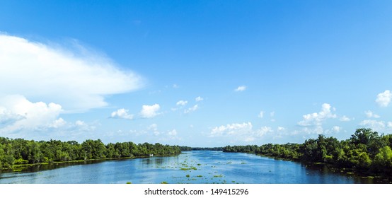 View To The River Missisippi With Its Wide River Bed And Untouched Nature In Louisiana