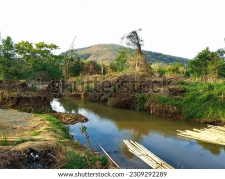 View of river and mountain in nature. There is a boat made of tied bamboo and there are green plants around it