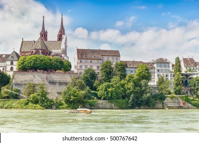 View of the River Rhine and the cathedral in the city of Basel. Switzerland.