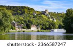 View of the River Seine in the Norman town of Les Andelys, overlooked by the ruins of Château Gaillard, a medieval castle built by the King of England Richard the Lionheart in Normandy, France