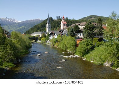 View Of A River And Town, Gmuend, Malta, Kaernten, Austria