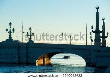 View from the river of Trinity Bridge, a bascule bridge across the Neva situated in St. Petersburg in Russia