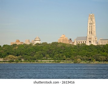 A View Of Riverside Church And Grants Tomb In Manhattan Along The Hudson River From The New Jersey Side.