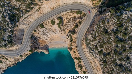 View Of The Road Along The Coast From The Drone. Travel By Car In Summer Time. The Sea Coast And The Road. The Coast Of Antalya, Turkey.