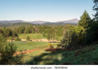 View From The Rob Roy Way Walking Trail Near Aberfoyle In The Trossachs, Scottish Southern Highlands. Looking Over The Golf Course To Distant Ben Lomond.