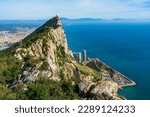 View of the Rock of Gibraltar and Spain across Bay of Gibraltar from the Upper Rock. UK
