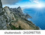 View of the Rock of Gibraltar and Spain across Bay of Gibraltar from the Upper Rock. UK