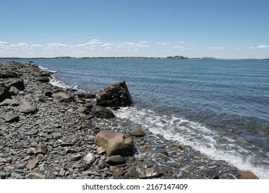 View Of A Rocky Beach And Hingham Bay At Webb Memorial State Park In Weymouth, Massachusetts