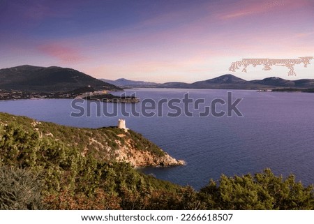 View of Rocky Coast with Cliffs on the Mediterranean Sea. Sunrise Sky Art Render. Regional Natural Park of Porto Conte, Sardinia, Italy. Nature Background.