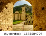 View of the Romanesque abbey of San Vittore in Genga, Marche, Italy