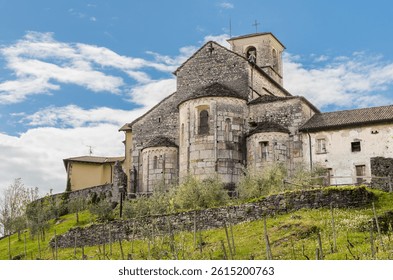 View of the Romanesque Church of San Vittore, located in the locality of Canonica in Brezzo di Bedero, province of Varese, Lombardy, Ital