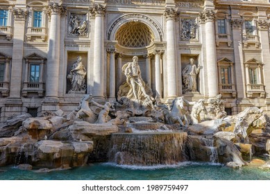 View Of Rome Trevi Fountain (Fontana Di Trevi) In Rome, Italy. Trevi Is Most Famous Fountain Of Rome. Architecture And Landmark Of Rome.