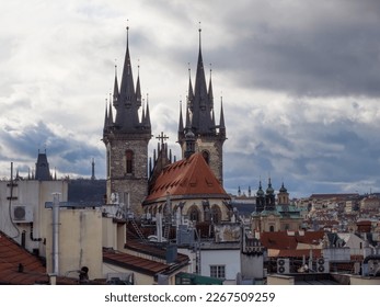 View from the roof of the Church of the Mother of God before Týn in Prague in the early evening under a cloudy sky
