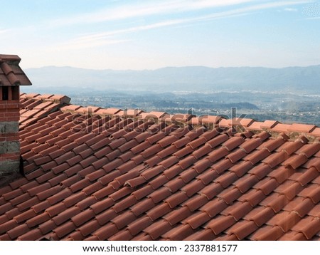View from the roof of a house with a tiled roof. On the side, a chimney for smoke with decorative decoration. A valley with a settlement in the distance