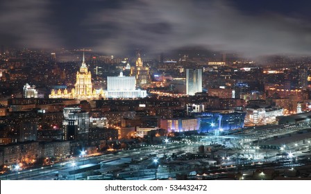 View From The Roof Tops In The Winter On Night City Moscow.