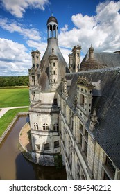 View From The Rooftop Gallery Of Renaissance Architecture Of The Walls And Tower Of Chateau De Chambord In The Loire Valley, France