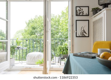 View from a room interior on a balcony and trees - Shutterstock ID 1186922353