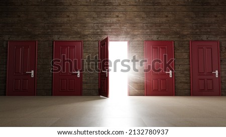 View of a room with wooden walls and tiled floor. Five red doors with white handles, one door is open. Bright white light shines through them. Concept of choice, difficult decision, career opportunity