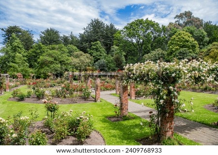the view of rose garden in queens park, a park in Invercargill, New Zealand, and was part of the original plan when Invercargill was founded in 1856. 