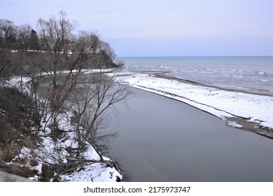 View Of Rouge River Flowing Into Lake Ontario During Winter