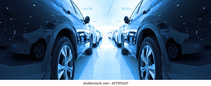 View Of Row New Car At Car  In The  Dealership Showroom