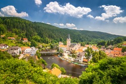 View Of The Rozmberk Nad Vltavou Town With A Rafting On Vltava River, Czech Republic, Europe.