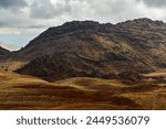 A view of the rugged Andean landscape of the Valle Encantado, or Enchanted Valley, Cuesta del Obispo, Salta Province, northwest Argentina.