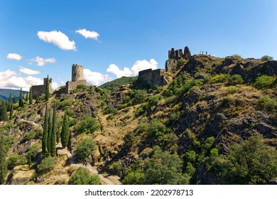 View of the ruined Cathar castles of Lastours from the Aude in Occitanie

