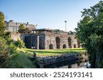 View of the ruined Scranton Iron Furnaces stone facade in Pennsylvania