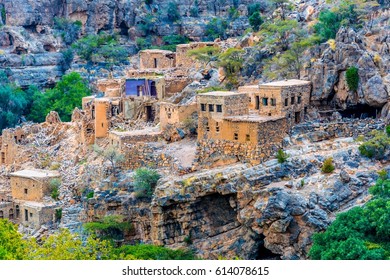 View of ruins of an abandoned village at the Wadi Bani Habib at the Jebel Akhdar mountain in Oman.