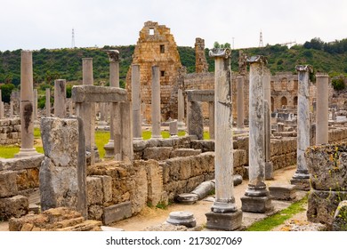View of the ruins of the ancient Hellenistic city gates and Agora in the antiquity city of Perge, currently located near ..Antalya, Turkey