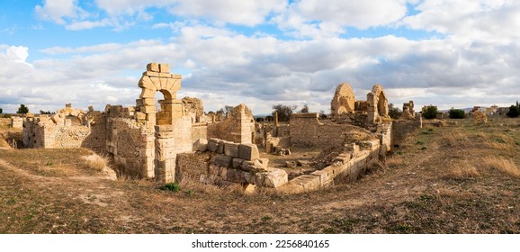 View of the ruins of the Church of the Baths at the ancient Roman archaeological site in Makthar, Tunisia.