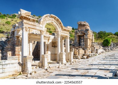 View of ruins in Ephesus (Efes). Scenic ruins of the ancient Greek city in Selcuk, Izmir Province, Turkey. Ephesus is a popular tourist attraction in Turkey.