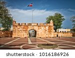 View of Ruins of Historic Colonial Era Fortress Wall (Puerta del Conde, Santo Domingo, Dominican Republic).