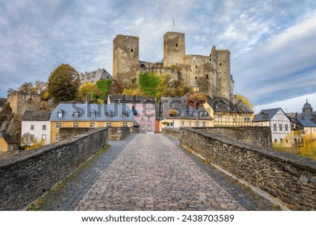 View of Runkel Castle from old stone bridge in Runkel, Hesse, Germany