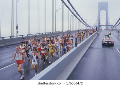 View Of Runners Crossing Verrazano Bridge At The Start Of NY City Marathon