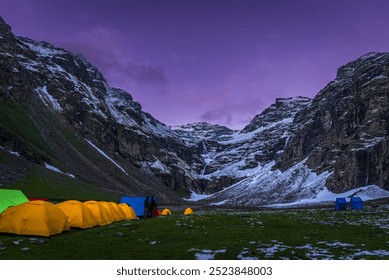 View from Rupin pass trek campsite. Trek is full of diversity from majestic Himalayan ranges to waterfalls, glacial meadows, snow-covered landscapes, lush forests in Himachal Pradesh, India. - Powered by Shutterstock