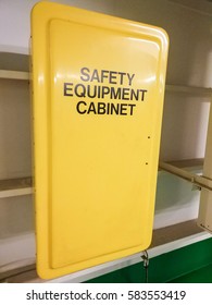 View Of Safety Equipment Cabinet On Board Offshore Drilling Rig. It Is Utilized As Storage For Personal Protective Equipment For Hazardous Chemical Handling