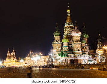 view of Saint Basil's Cathedral on Red square from Vasilevsky Descent in Moscow in night