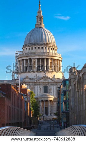 The view of Saint Paul's Cathedral from Millenium bridge, City of London.