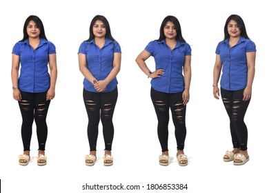 View Of The Same Latino Americana Woman Standing In Different Poses On White Background