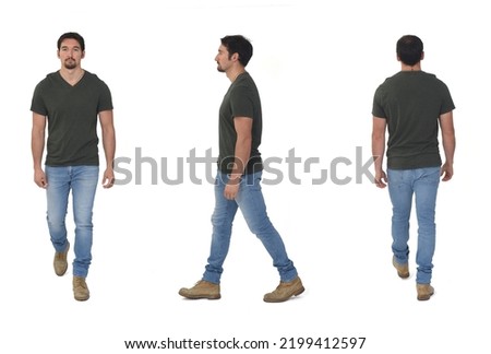 view of same man front, side anb back with jeans walking  on white background