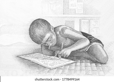  View Of Samoan Coastline From A Distance. Child Doing His Homework. Portrait From Samoa Banknotes.