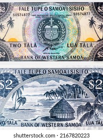 View of Samoan coastline, Palm trees. Sun on the horizon from a distance, Portrait from Samoa 2  Tala 1967-2020 Banknotes.