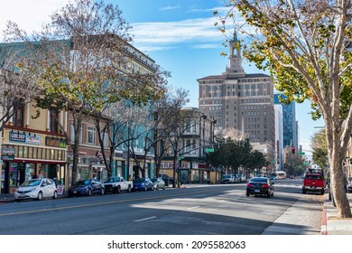 View of San Jose downtown buildings from E Santa Clara Street toward historic high-rise Bank of Italy office building - San Jose, California, USA - December, 2021
