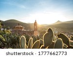 View of San Pedro hill at sunrise in San Luis Potosi, old town like Real de Catorce, Mexico, Magic town. (Cerro de San Pedro pueblo magico) 