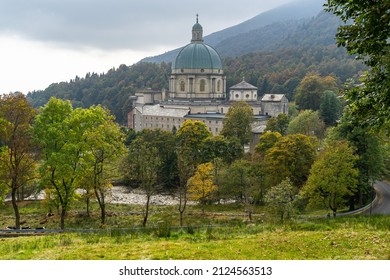 View of the sanctuary of Oropa a famous pilgrimage and tourist destination in Piedmont region, Italy